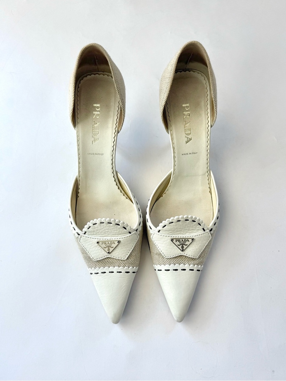 Prada Logo Canvas Leather Heels